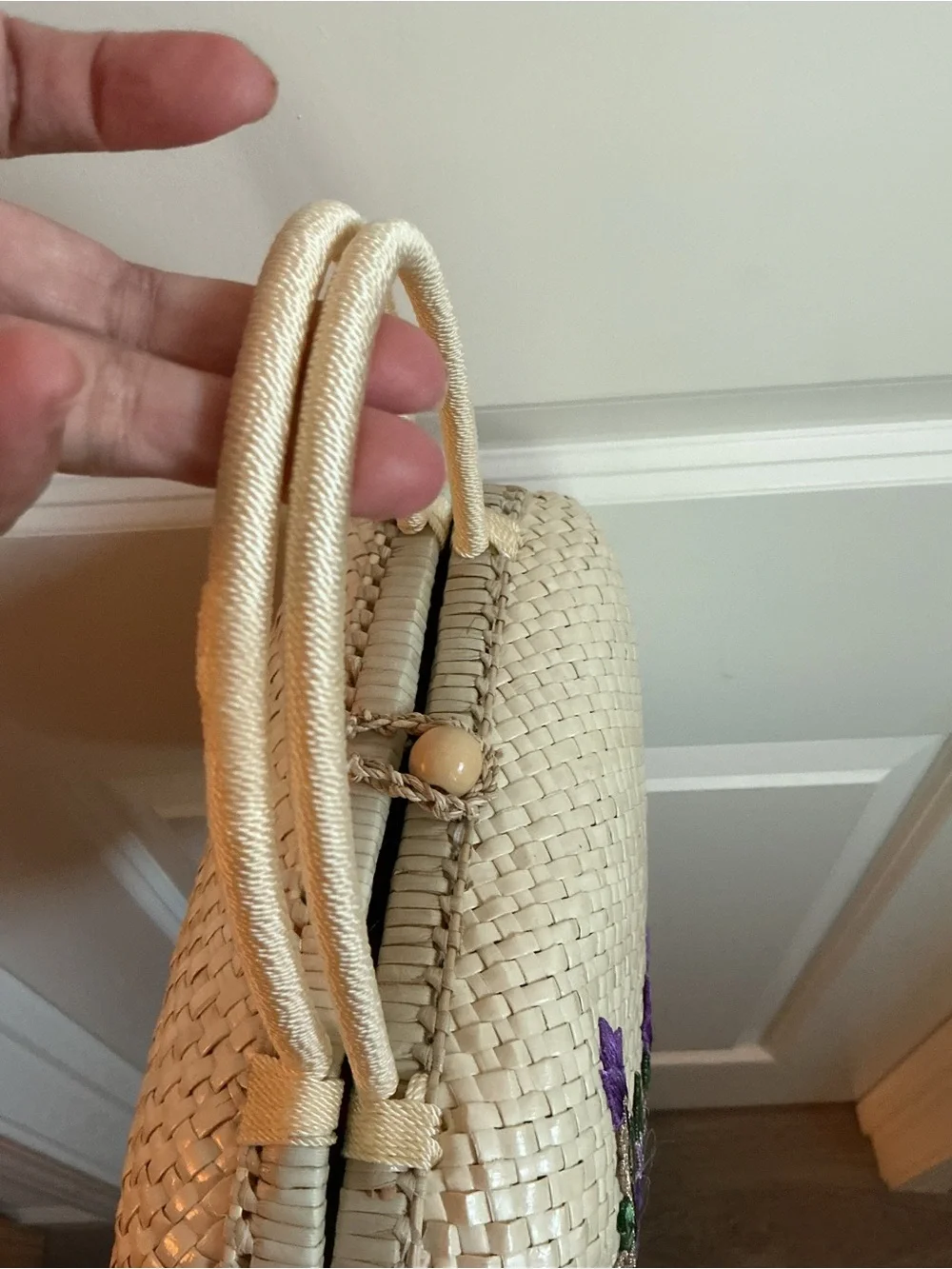 Woven Straw Top-Handle Bag with Purple Floral Embroidery - Picture 6 of 7